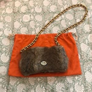 Tory Burch Brown Rabbit Fur Crossbody Bag with Gold Chain